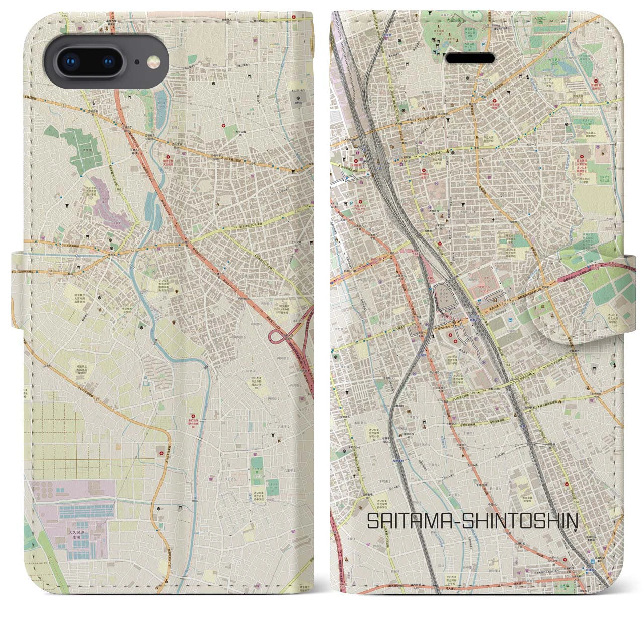 【さいたま新都心】地図柄iPhoneケース（手帳両面タイプ・ナチュラル）iPhone 8Plus /7Plus / 6sPlus / 6Plus 用