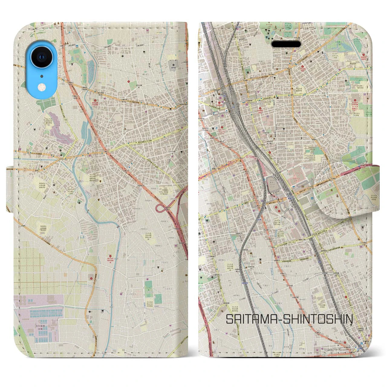 【さいたま新都心】地図柄iPhoneケース（手帳両面タイプ・ナチュラル）iPhone XR 用