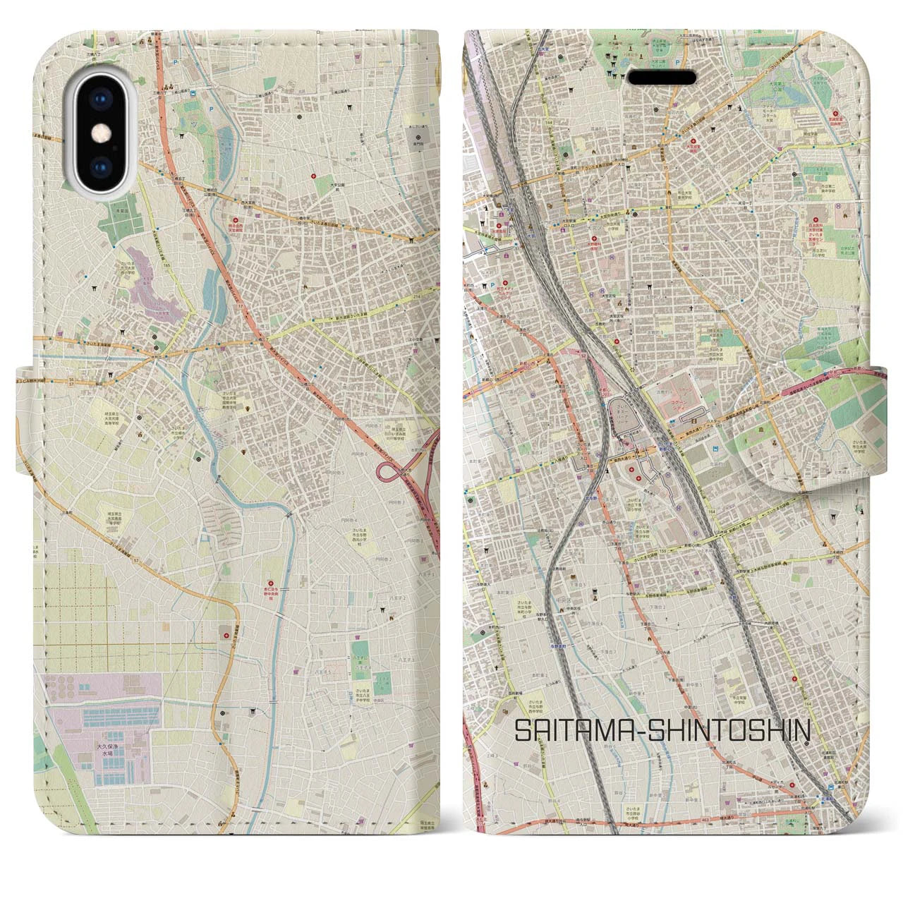【さいたま新都心】地図柄iPhoneケース（手帳両面タイプ・ナチュラル）iPhone XS Max 用
