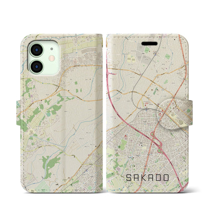 【坂戸（埼玉県）】地図柄iPhoneケース（手帳タイプ）ナチュラル・iPhone 12 mini 用
