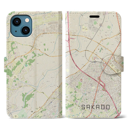 【坂戸（埼玉県）】地図柄iPhoneケース（手帳タイプ）ナチュラル・iPhone 13 用