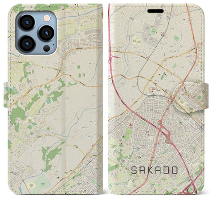 【坂戸（埼玉県）】地図柄iPhoneケース（手帳タイプ）ナチュラル・iPhone 13 Pro Max 用