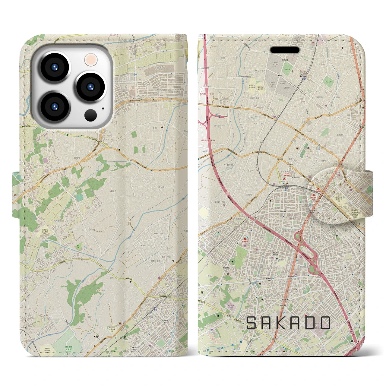 【坂戸】地図柄iPhoneケース（手帳両面タイプ・ナチュラル）iPhone 13 Pro 用