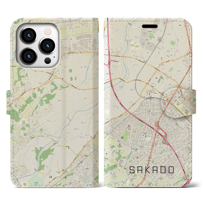 【坂戸（埼玉県）】地図柄iPhoneケース（手帳タイプ）ナチュラル・iPhone 13 Pro 用