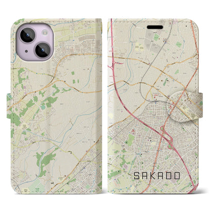 【坂戸（埼玉県）】地図柄iPhoneケース（手帳タイプ）ナチュラル・iPhone 14 用