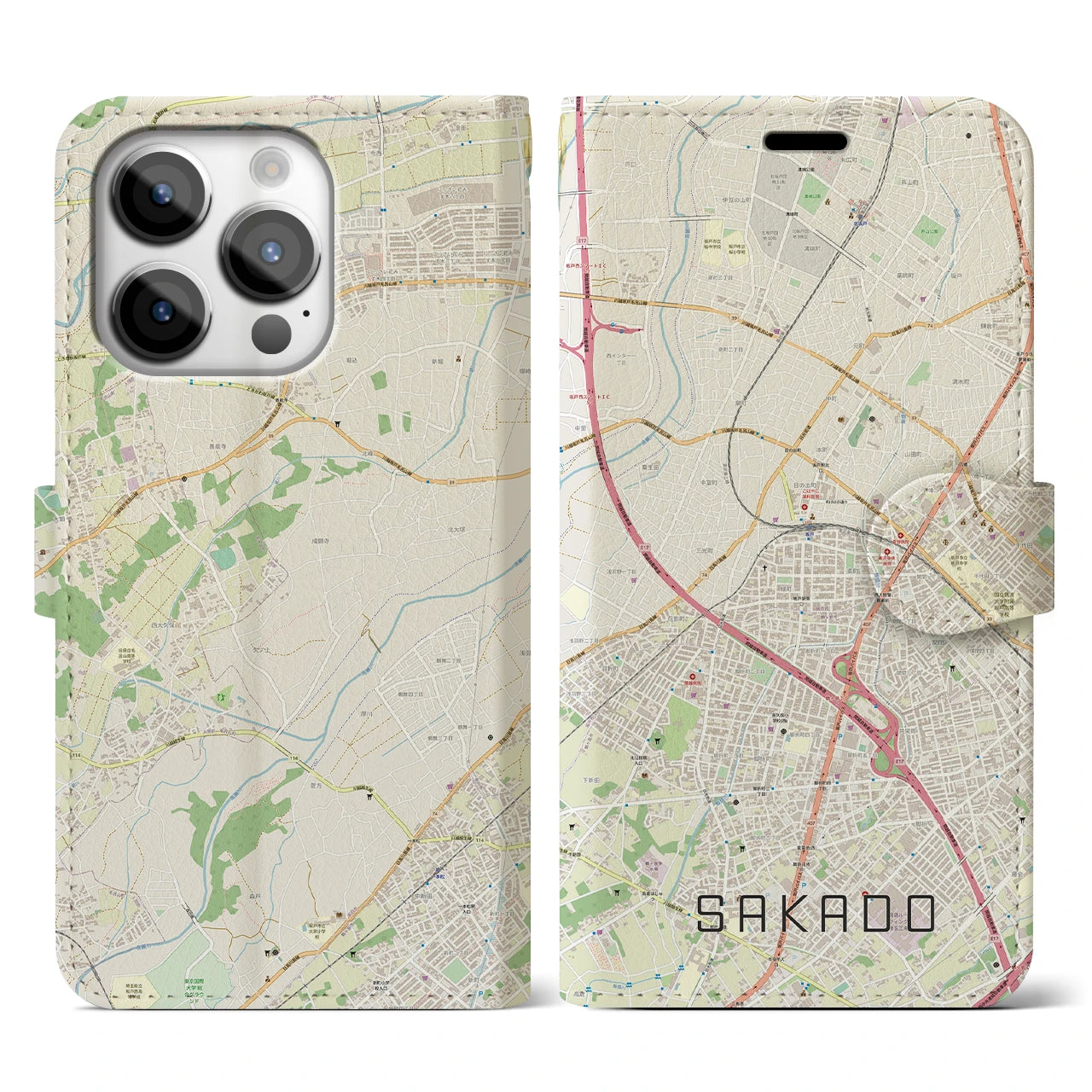 【坂戸】地図柄iPhoneケース（手帳両面タイプ・ナチュラル）iPhone 14 Pro 用