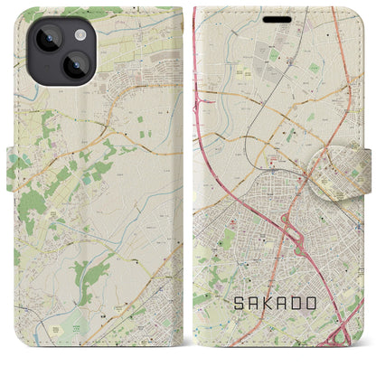 【坂戸（埼玉県）】地図柄iPhoneケース（手帳タイプ）ナチュラル・iPhone 14 Plus 用