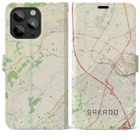 【坂戸】地図柄iPhoneケース（手帳両面タイプ・ナチュラル）iPhone 15 Pro Max 用