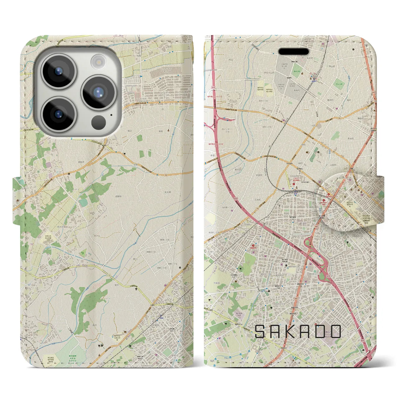 【坂戸】地図柄iPhoneケース（手帳両面タイプ・ナチュラル）iPhone 15 Pro 用