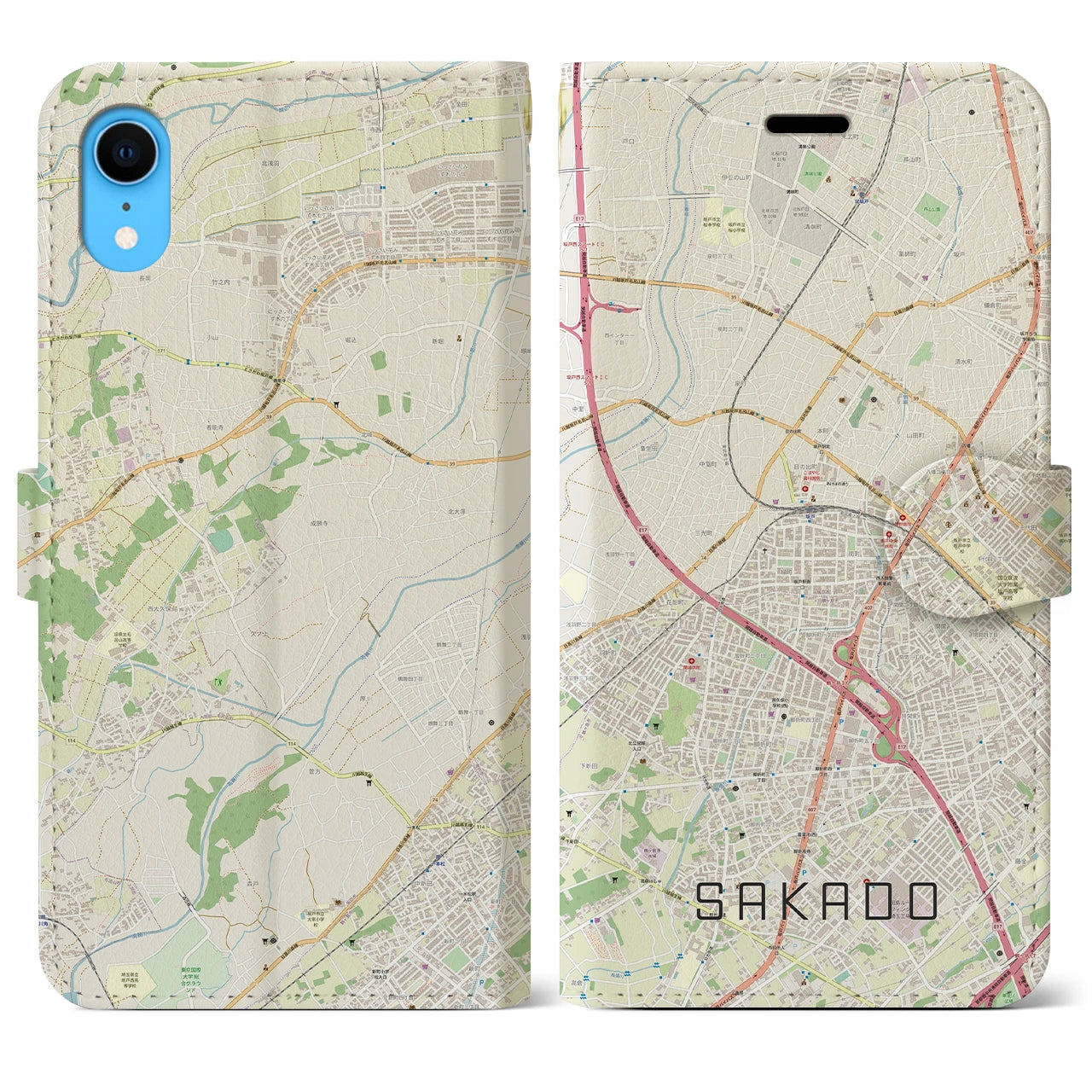 【坂戸】地図柄iPhoneケース（手帳両面タイプ・ナチュラル）iPhone XR 用