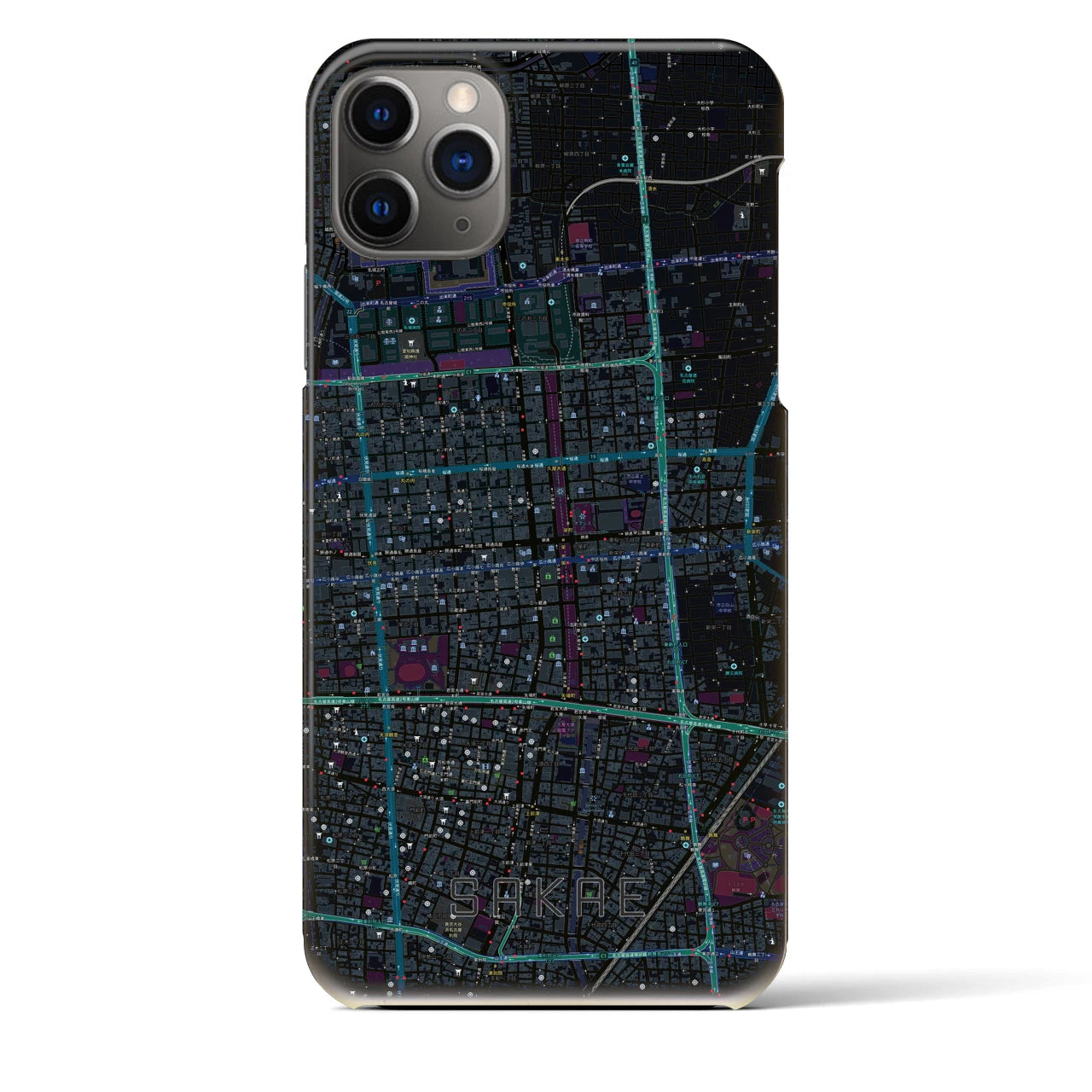 【栄】地図柄iPhoneケース（バックカバータイプ・ブラック）iPhone 11 Pro Max 用