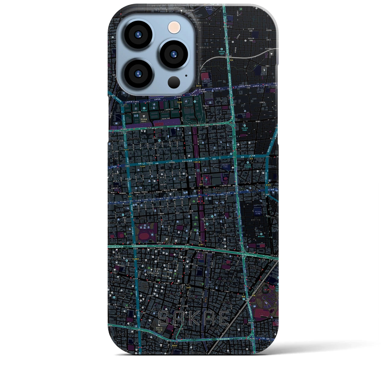 【栄】地図柄iPhoneケース（バックカバータイプ・ブラック）iPhone 13 Pro Max 用