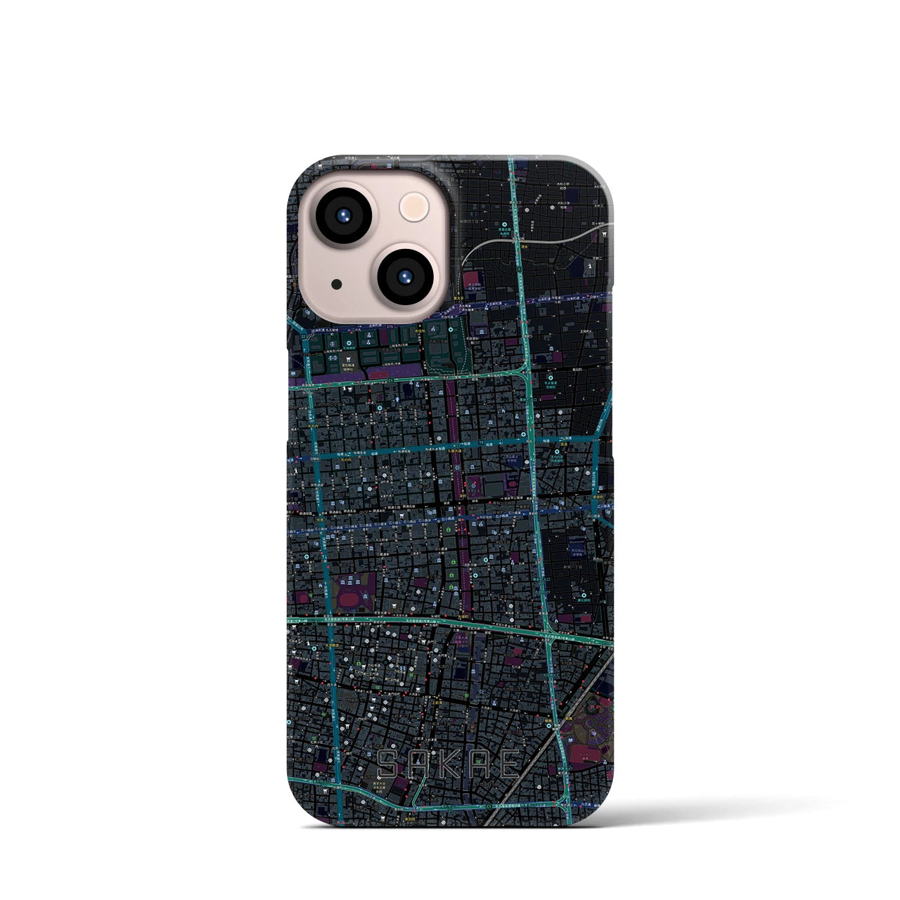 【栄】地図柄iPhoneケース（バックカバータイプ・ブラック）iPhone 13 mini 用