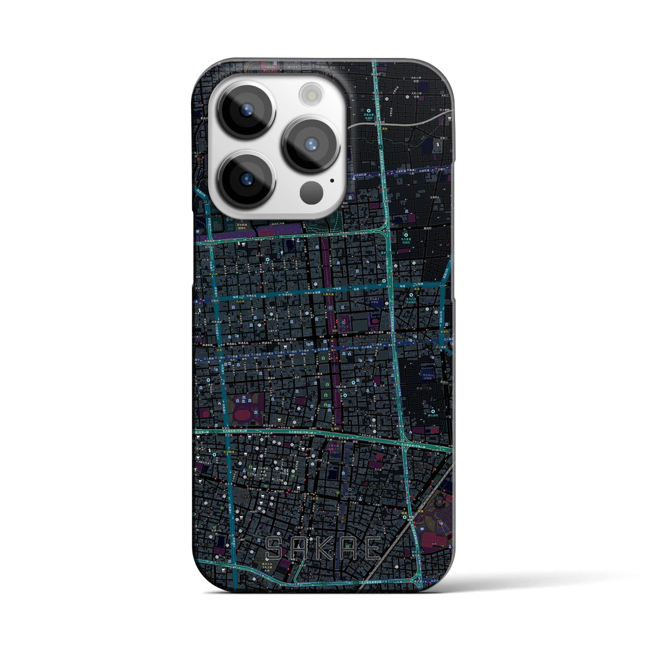 【栄】地図柄iPhoneケース（バックカバータイプ・ブラック）iPhone 14 Pro 用