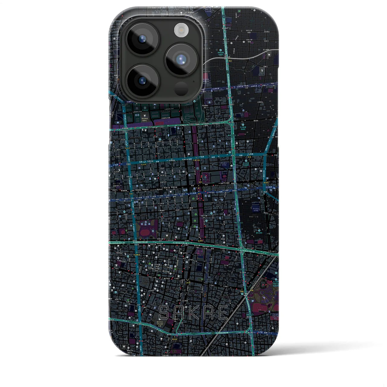 【栄】地図柄iPhoneケース（バックカバータイプ・ブラック）iPhone 15 Pro Max 用