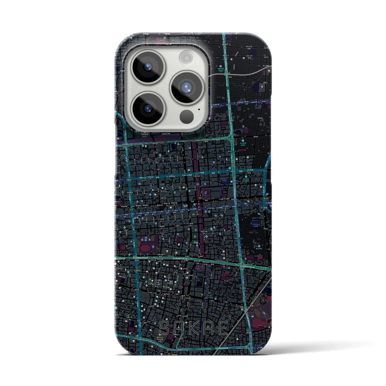 【栄】地図柄iPhoneケース（バックカバータイプ・ブラック）iPhone 15 Pro 用