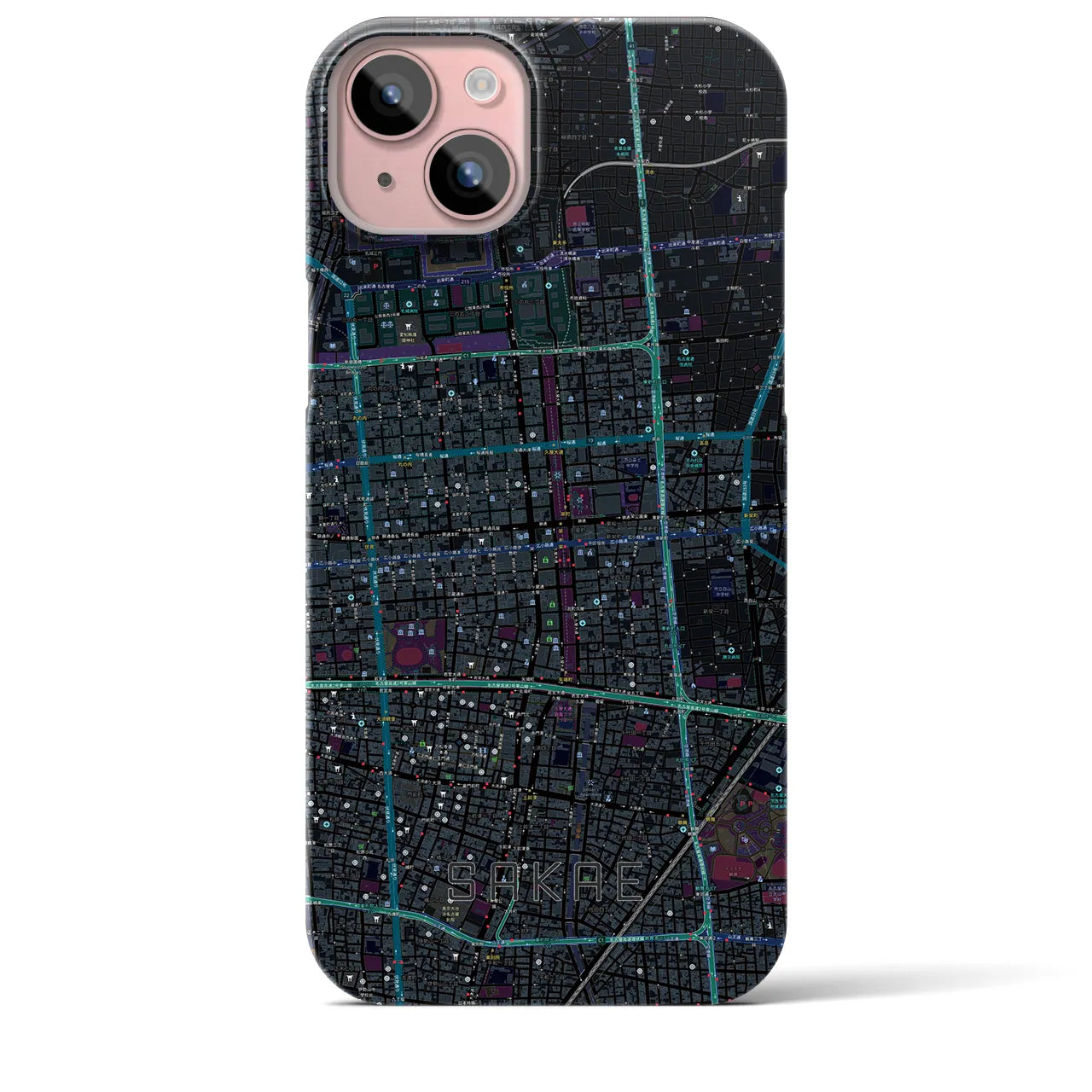 【栄】地図柄iPhoneケース（バックカバータイプ・ブラック）iPhone 15 Plus 用