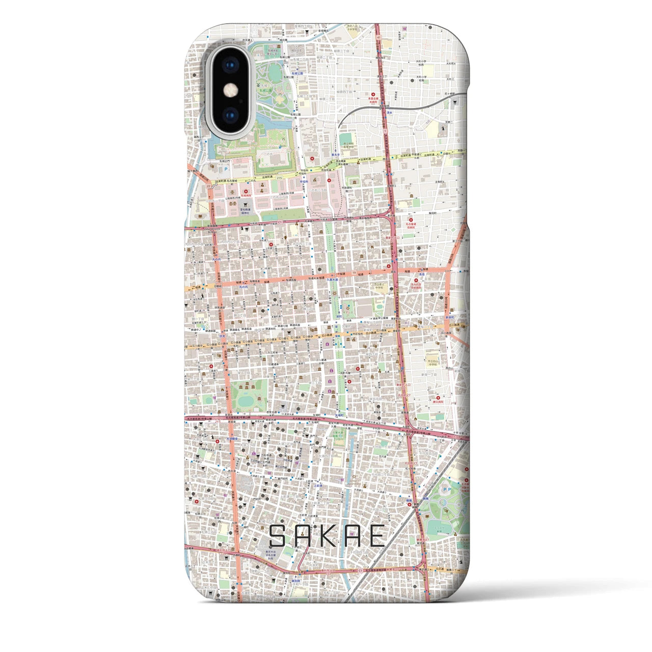 【栄】地図柄iPhoneケース（バックカバータイプ・ナチュラル）iPhone XS Max 用