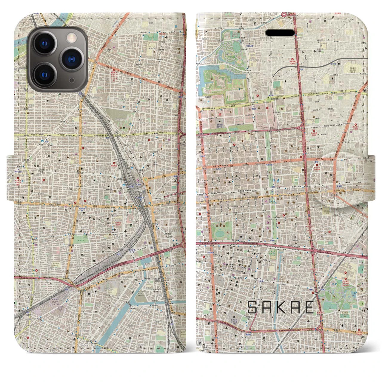 【栄】地図柄iPhoneケース（手帳両面タイプ・ナチュラル）iPhone 11 Pro Max 用