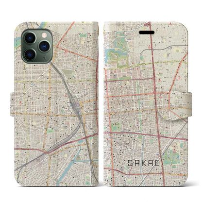 【栄（愛知県）】地図柄iPhoneケース（手帳タイプ）ナチュラル・iPhone 11 Pro 用