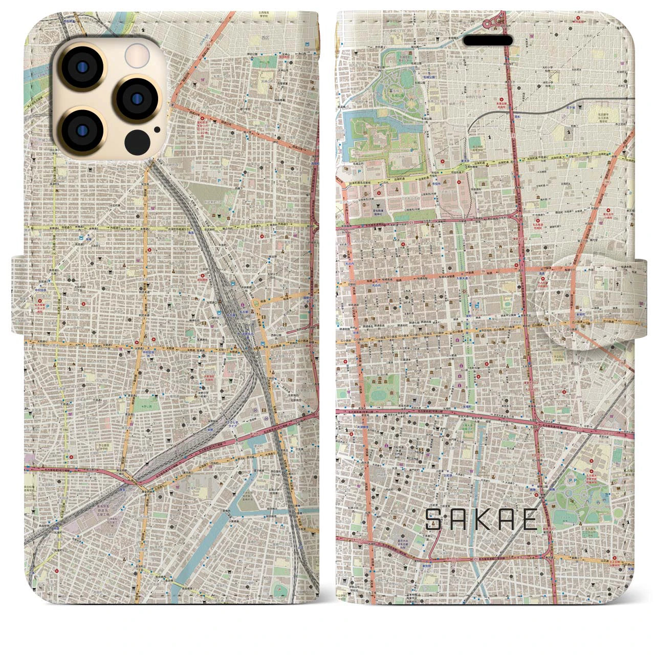 【栄】地図柄iPhoneケース（手帳両面タイプ・ナチュラル）iPhone 12 Pro Max 用