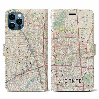 【栄（愛知県）】地図柄iPhoneケース（手帳タイプ）ナチュラル・iPhone 12 / 12 Pro 用