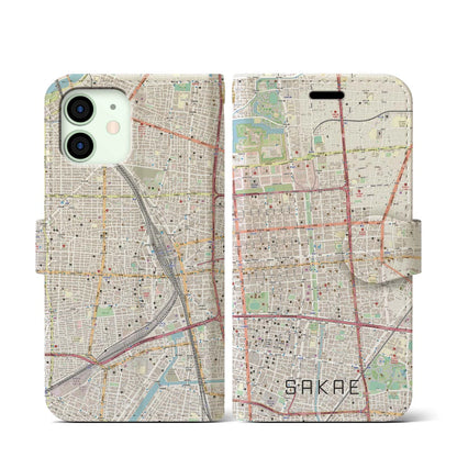 【栄（愛知県）】地図柄iPhoneケース（手帳タイプ）ナチュラル・iPhone 12 mini 用