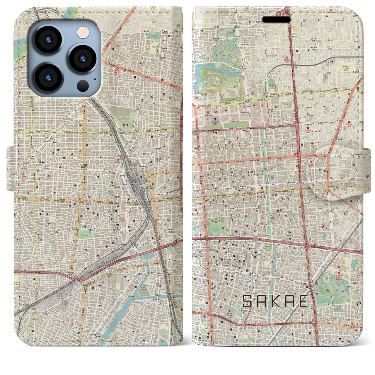 【栄】地図柄iPhoneケース（手帳両面タイプ・ナチュラル）iPhone 13 Pro Max 用