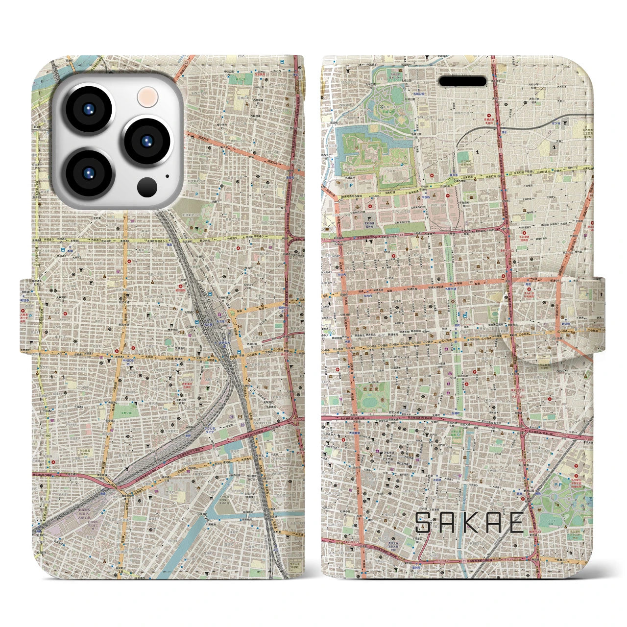 【栄】地図柄iPhoneケース（手帳両面タイプ・ナチュラル）iPhone 13 Pro 用