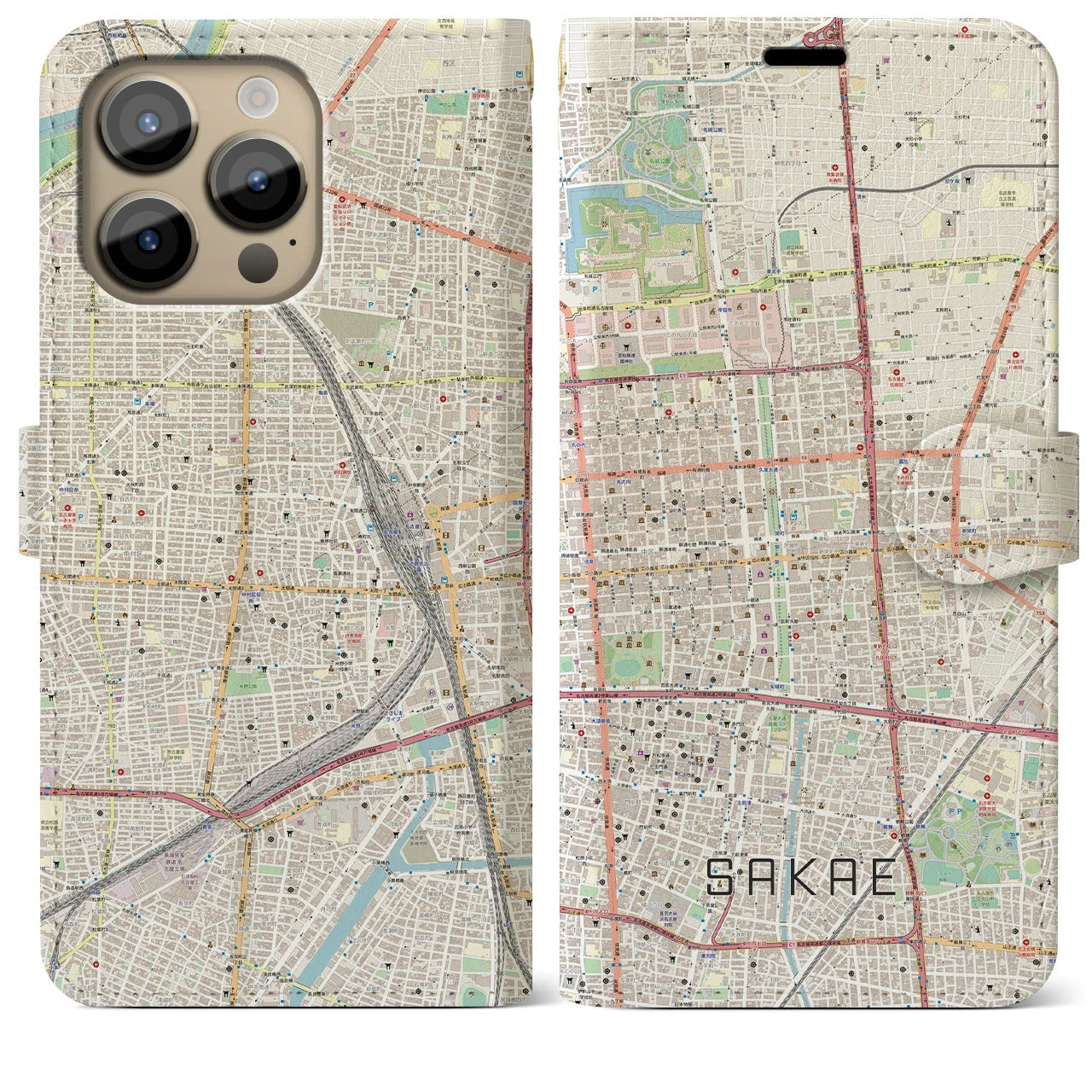 【栄】地図柄iPhoneケース（手帳両面タイプ・ナチュラル）iPhone 14 Pro Max 用