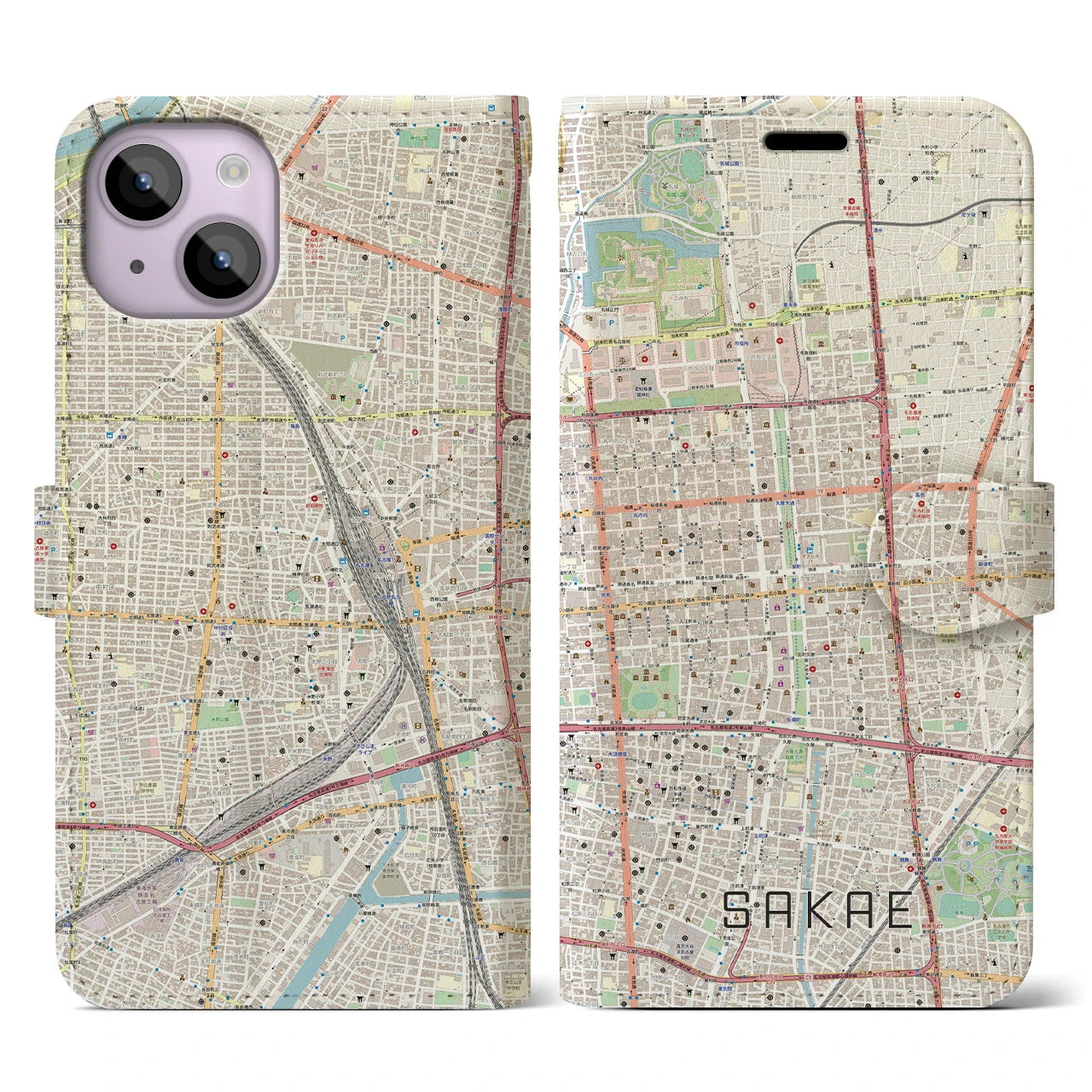 【栄】地図柄iPhoneケース（手帳両面タイプ・ナチュラル）iPhone 14 用