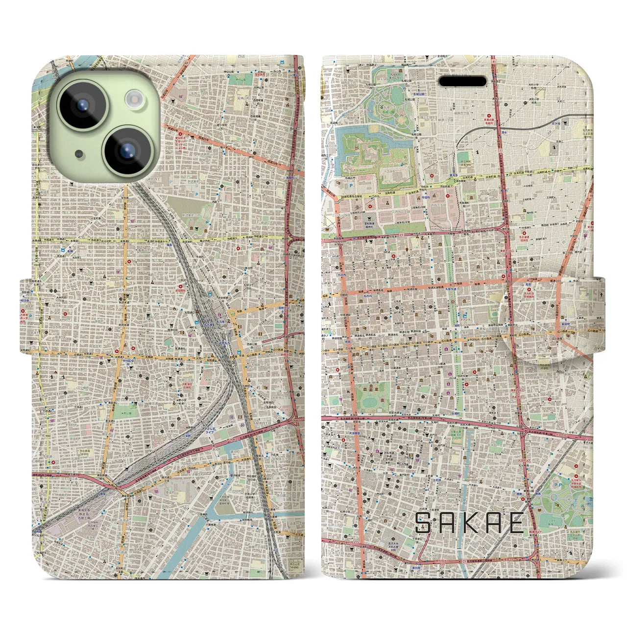【栄】地図柄iPhoneケース（手帳両面タイプ・ナチュラル）iPhone 15 用