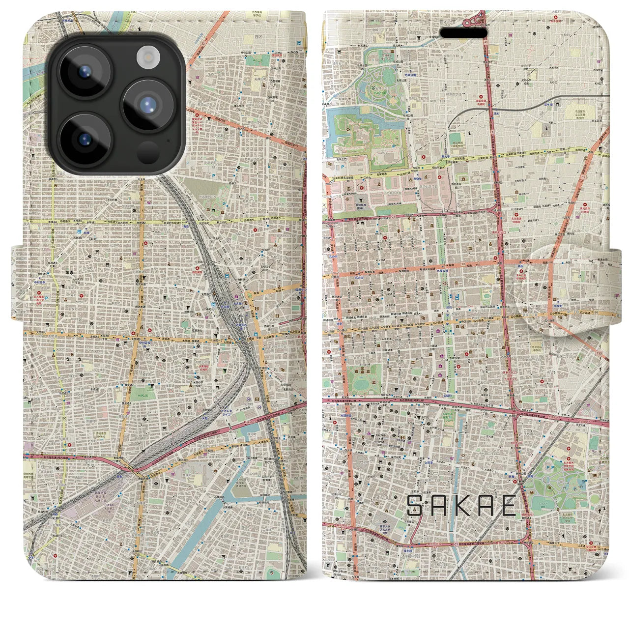 【栄】地図柄iPhoneケース（手帳両面タイプ・ナチュラル）iPhone 15 Pro Max 用