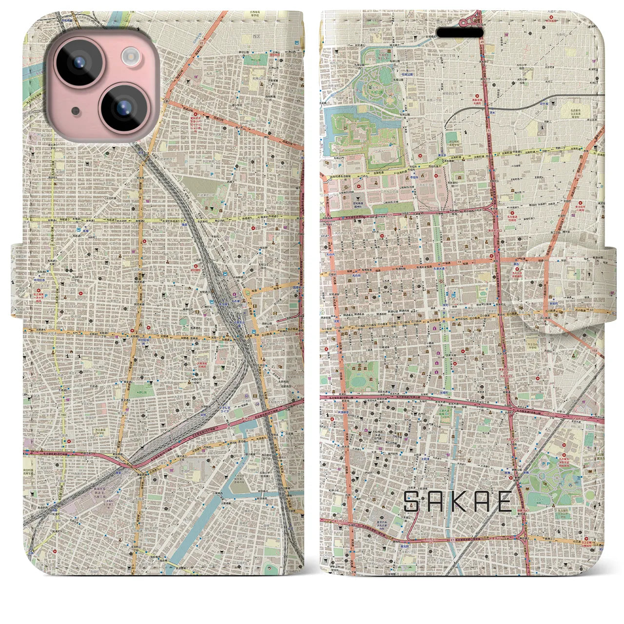 【栄】地図柄iPhoneケース（手帳両面タイプ・ナチュラル）iPhone 15 Plus 用