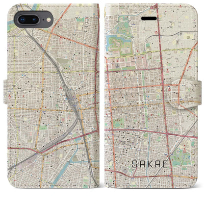 【栄（愛知県）】地図柄iPhoneケース（手帳タイプ）ナチュラル・iPhone 8Plus /7Plus / 6sPlus / 6Plus 用