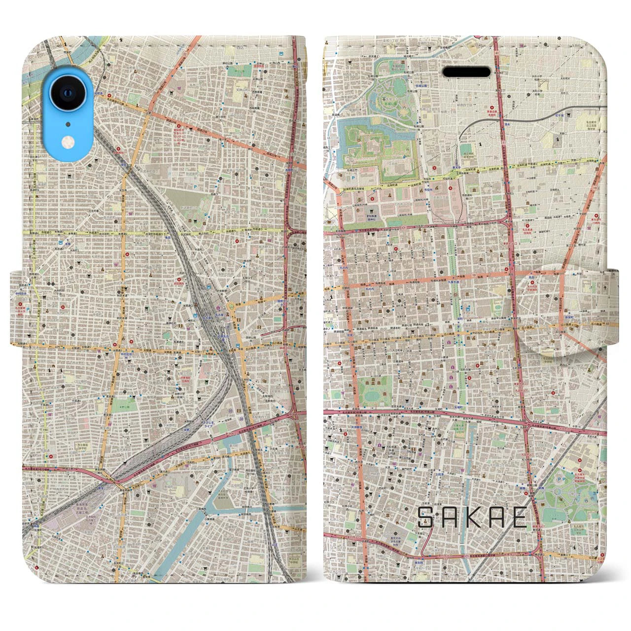 【栄】地図柄iPhoneケース（手帳両面タイプ・ナチュラル）iPhone XR 用