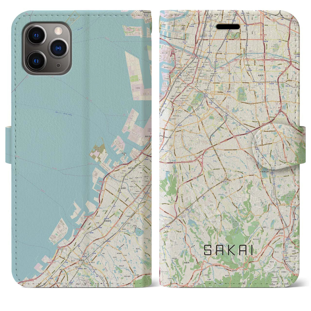 【堺2】地図柄iPhoneケース（手帳両面タイプ・ナチュラル）iPhone 11 Pro Max 用