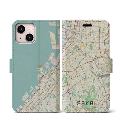 【堺2（大阪府）】地図柄iPhoneケース（手帳タイプ）ナチュラル・iPhone 13 mini 用