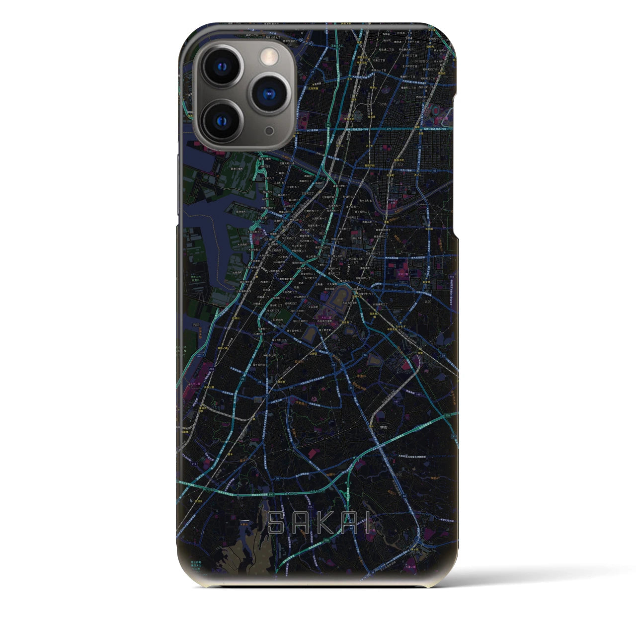 【堺】地図柄iPhoneケース（バックカバータイプ・ブラック）iPhone 11 Pro Max 用