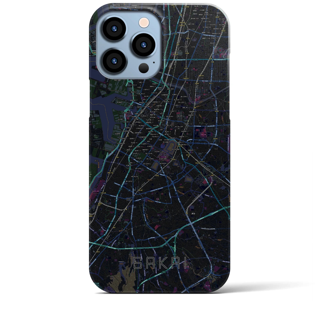 【堺】地図柄iPhoneケース（バックカバータイプ・ブラック）iPhone 13 Pro Max 用