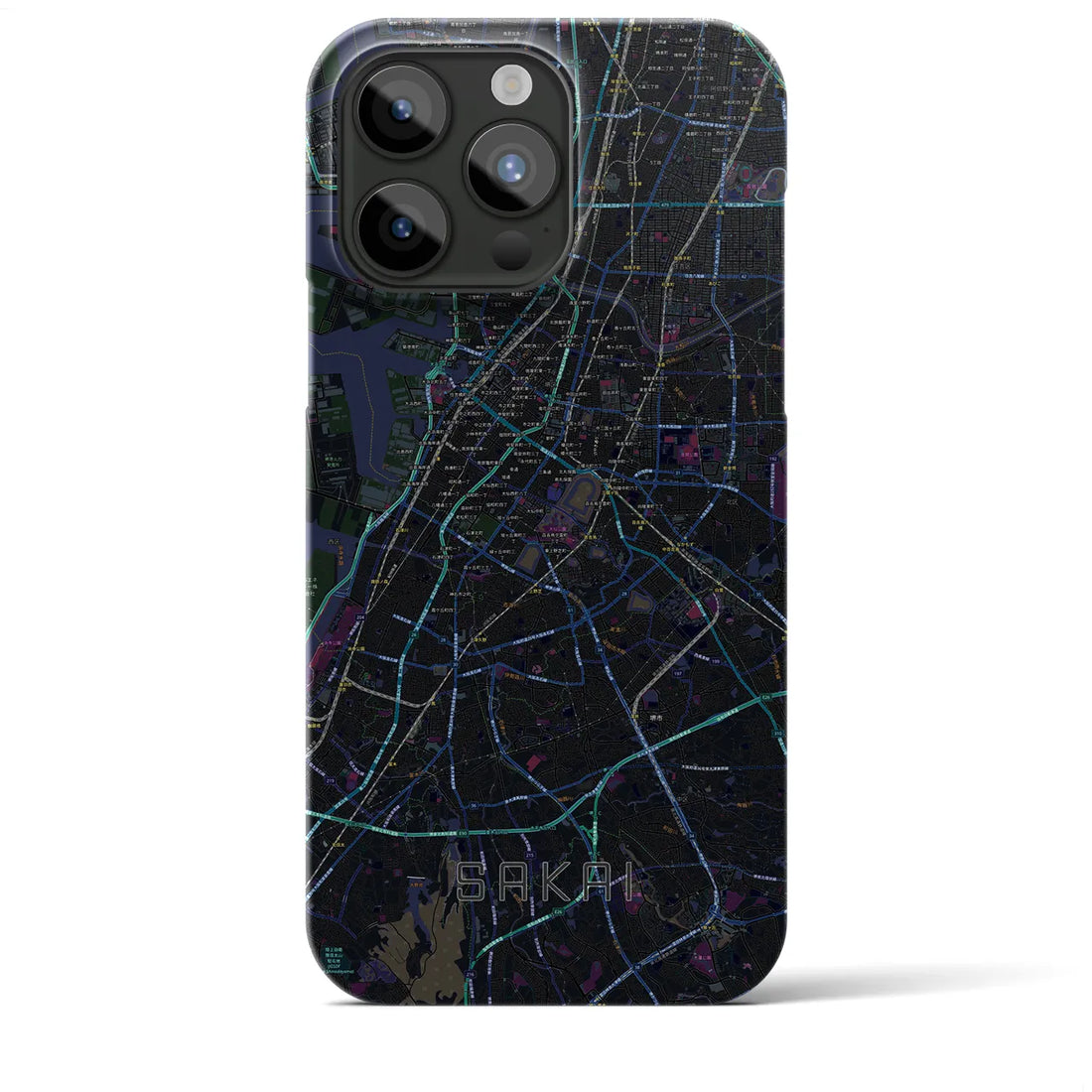 【堺】地図柄iPhoneケース（バックカバータイプ・ブラック）iPhone 15 Pro Max 用