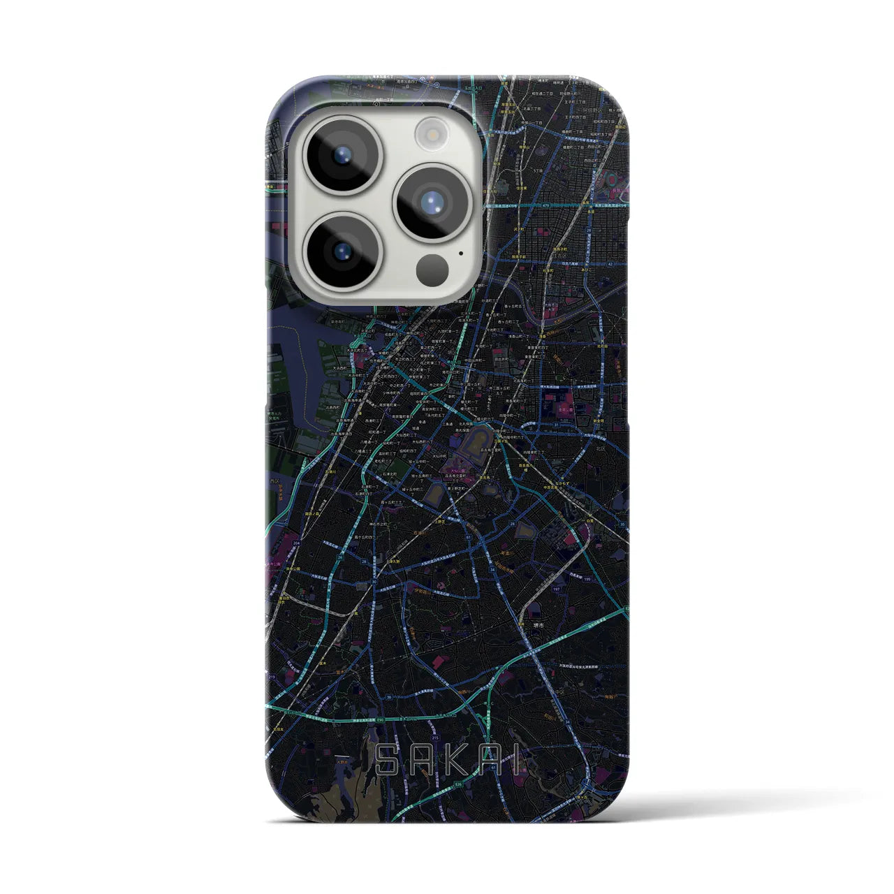 【堺】地図柄iPhoneケース（バックカバータイプ・ブラック）iPhone 15 Pro 用