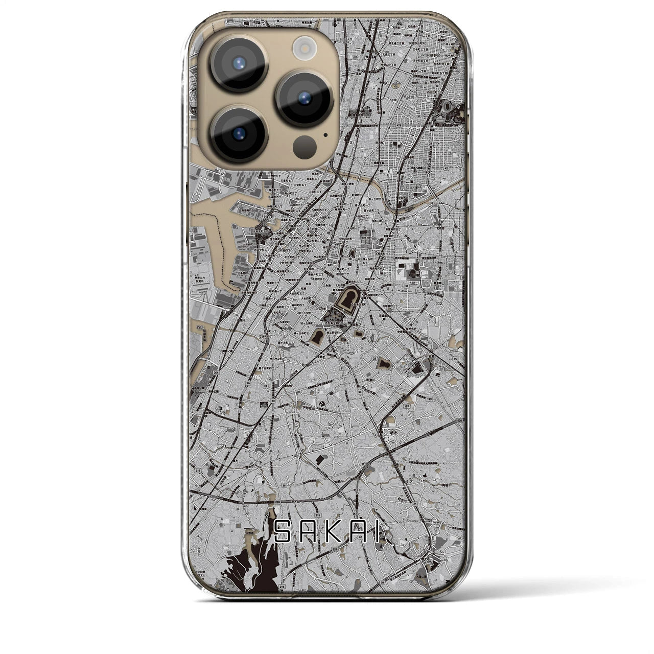 【堺】地図柄iPhoneケース（クリアタイプ・モノトーン）iPhone 14 Pro Max 用