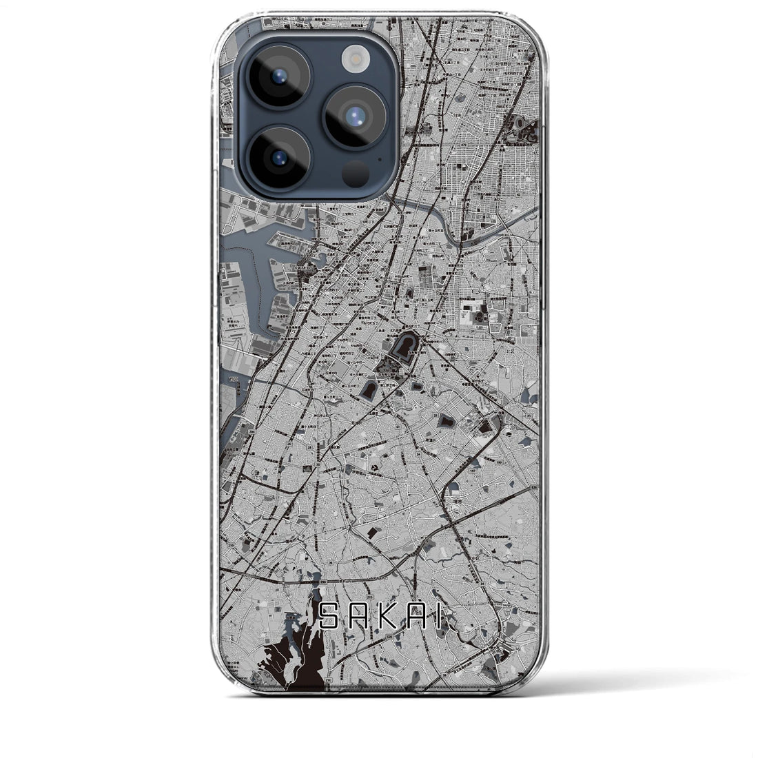 【堺】地図柄iPhoneケース（クリアタイプ・モノトーン）iPhone 15 Pro Max 用