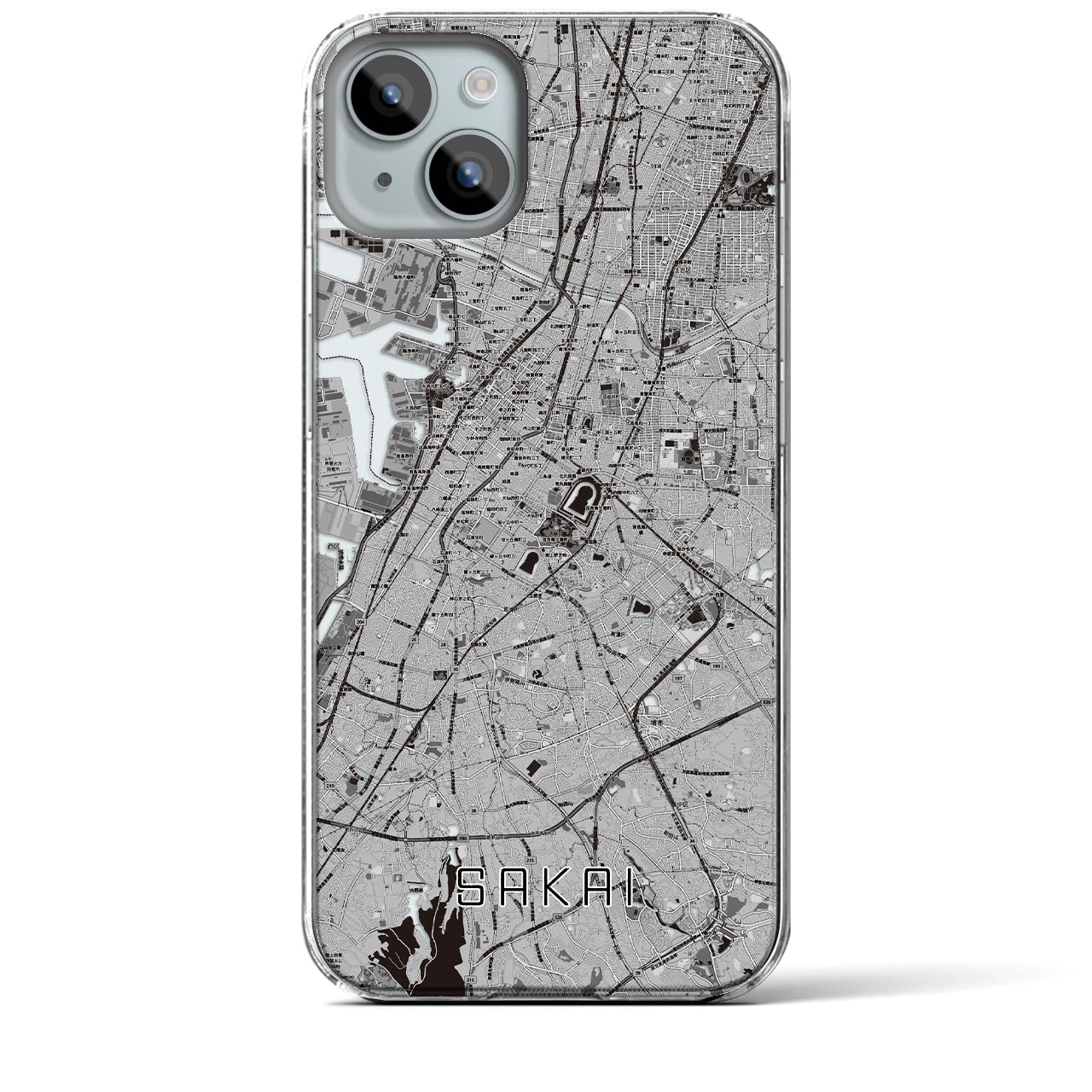 【堺】地図柄iPhoneケース（クリアタイプ・モノトーン）iPhone 15 Plus 用