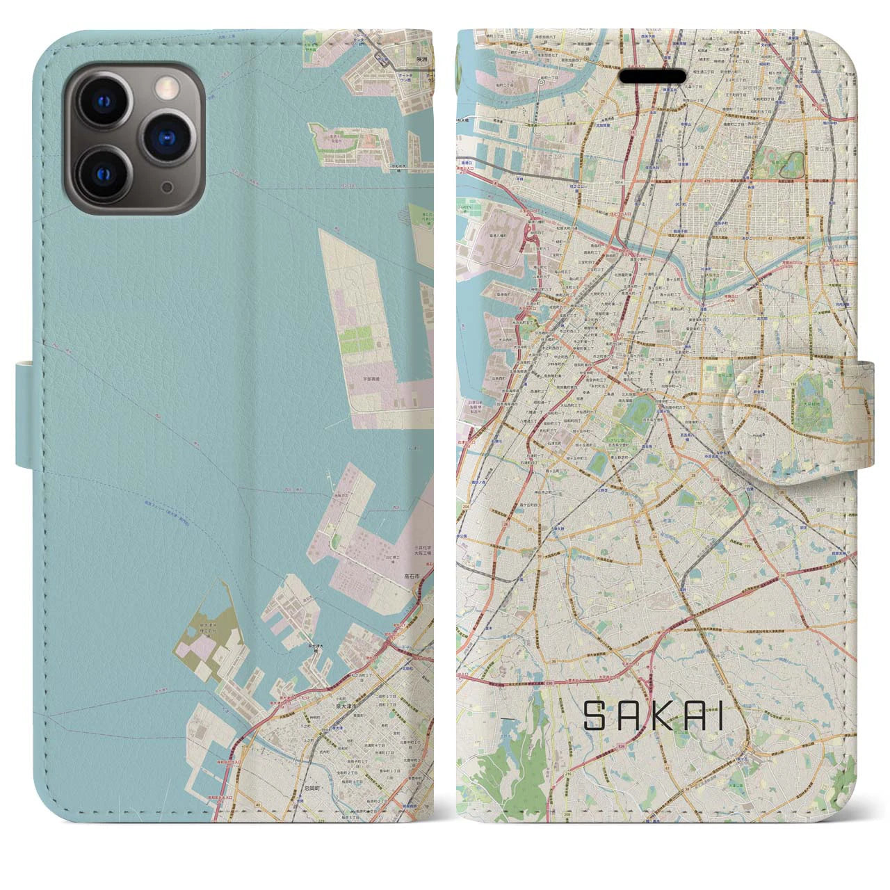 【堺】地図柄iPhoneケース（手帳両面タイプ・ナチュラル）iPhone 11 Pro Max 用