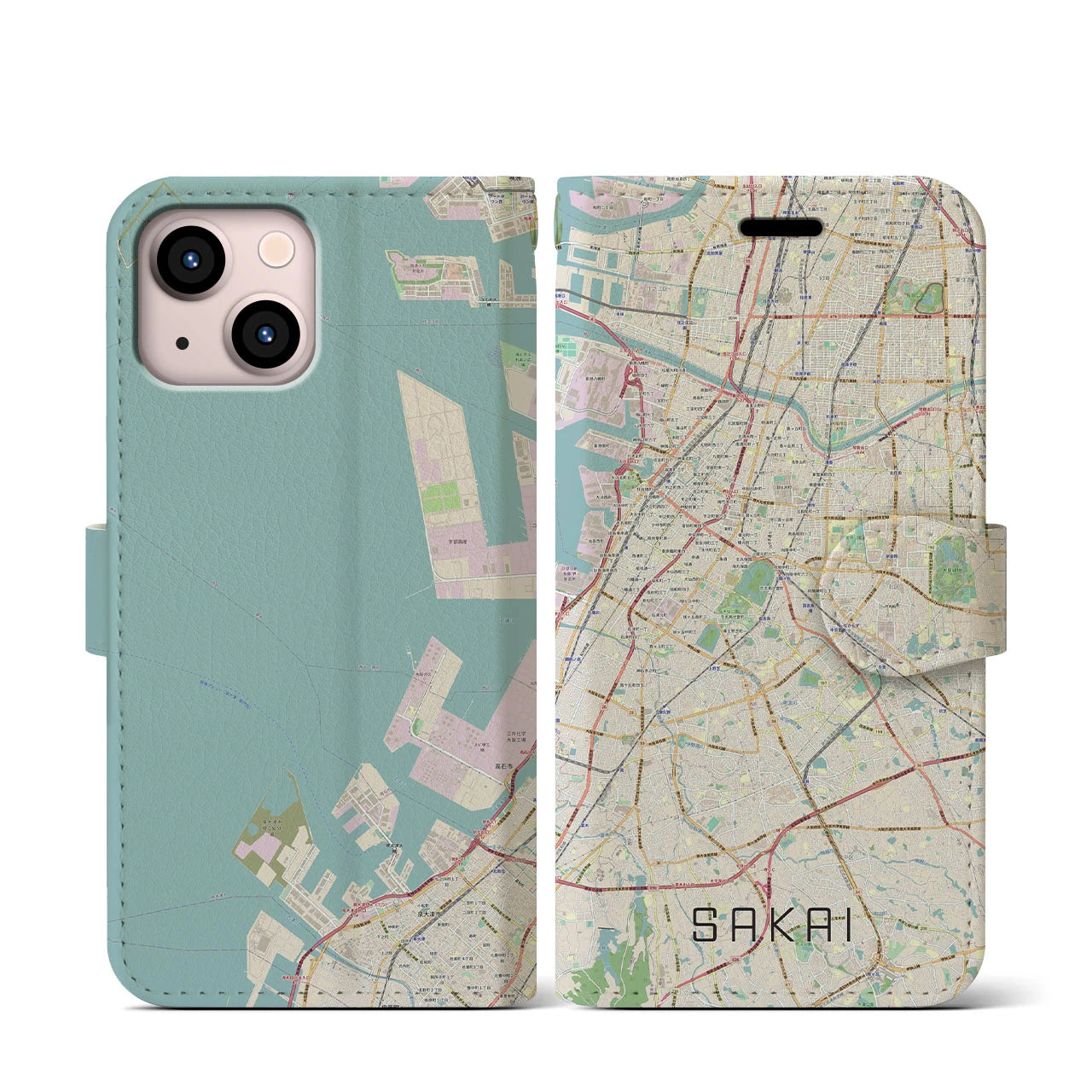 【堺】地図柄iPhoneケース（手帳両面タイプ・ナチュラル）iPhone 13 mini 用