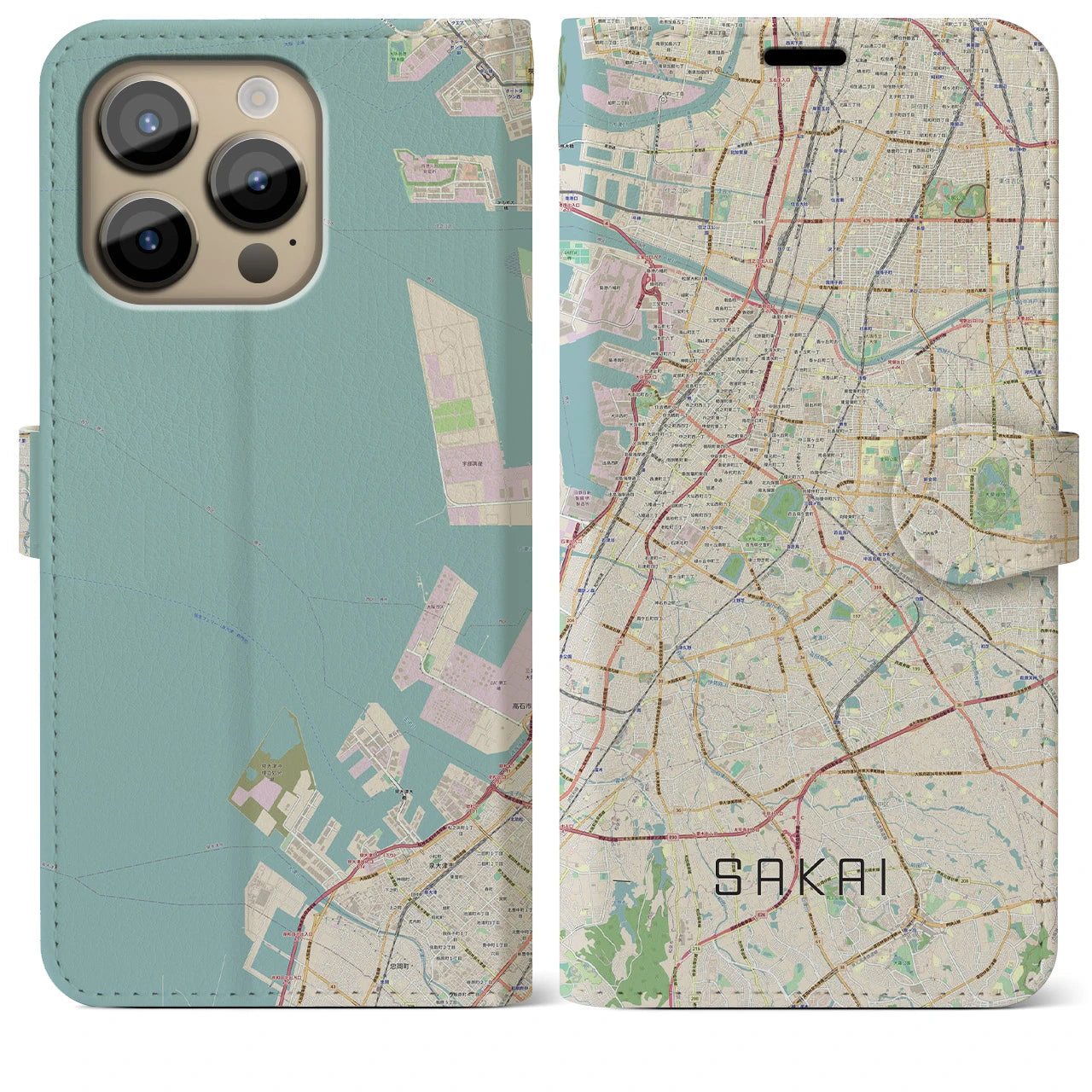 【堺】地図柄iPhoneケース（手帳両面タイプ・ナチュラル）iPhone 14 Pro Max 用
