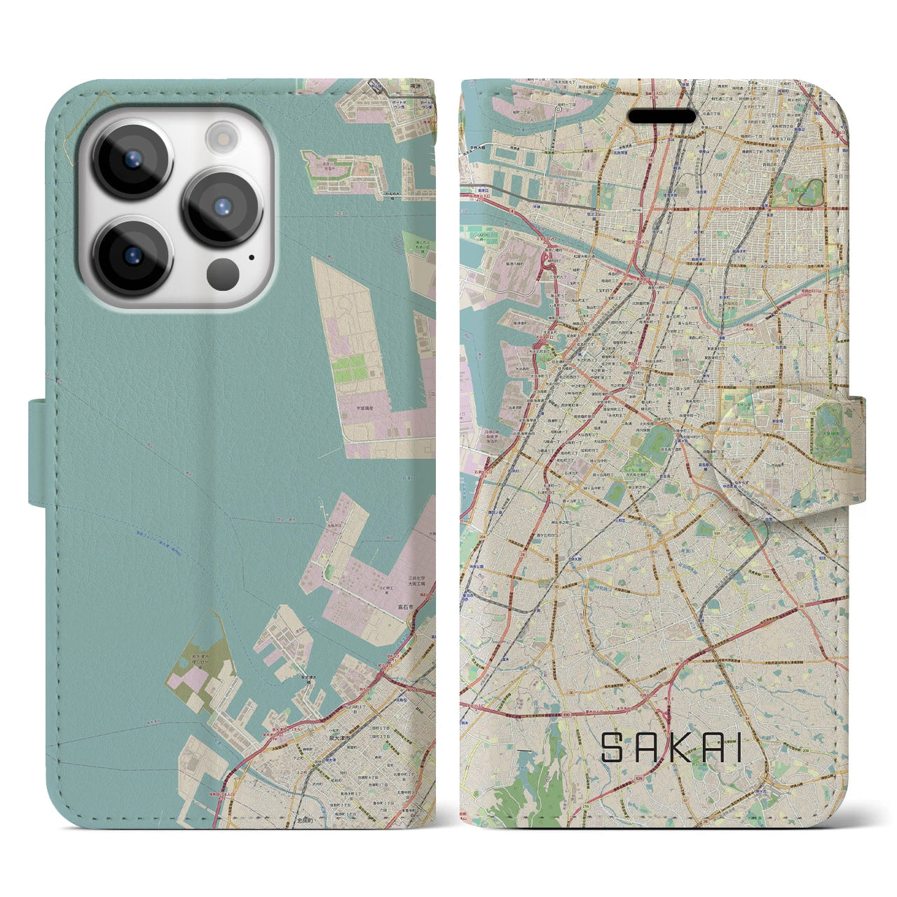 【堺】地図柄iPhoneケース（手帳両面タイプ・ナチュラル）iPhone 14 Pro 用