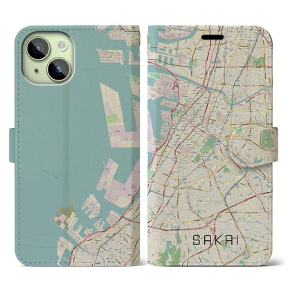 【堺（大阪府）】地図柄iPhoneケース（手帳タイプ）ナチュラル・iPhone 15 用